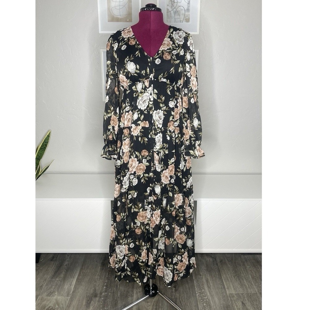 By the River Maxi‎ Dress Womens Medium Black Floral Tiered Chiffon B2FD1032